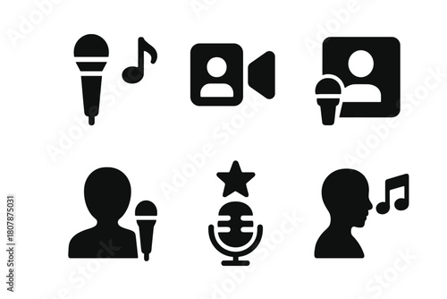 Singers Casting Icons. Auditions and casting calls for singers. Icon set. Set Logo of Ticket: Event entry. Negative space, Symmetrical form, Flat solid,