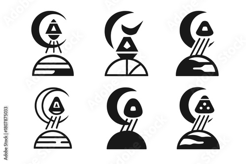 Lunar Mission Logos. Lunar exploration and moon missions. Icon set. Set Logo of Lunar Exploration: capsule returning to Earth from moon. harmonious logo