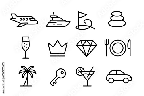 Exclusive Icon Set. Exclusive Experiences. Line icon set of Exclusive Experiences: private jet, yacht, golf flag, spa stone, champagne glass, crown, diamond,