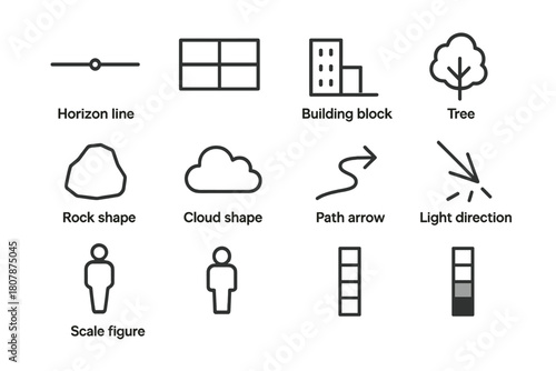Environment Icon Set. Environment concept sketch. Line icon set of environment concept sketch: horizon line, vanishing point, thumbnail frames, rule of thirds,
