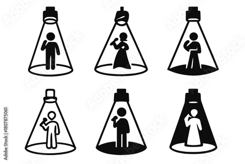 Singer Logo Variations. Singer in spotlight. Icon set. Set Logo of singer in spotlight: voice waves in light. harmonious logo variations of the same emblematic