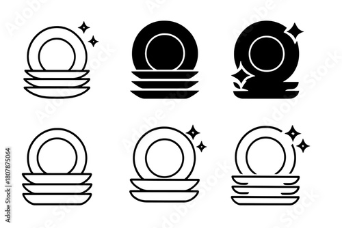 Stacked Plates Icons. Stacking clean plates. Icon set. Set Logo of stacking clean plates: tidy kitchen counter. harmonious logo variations of the