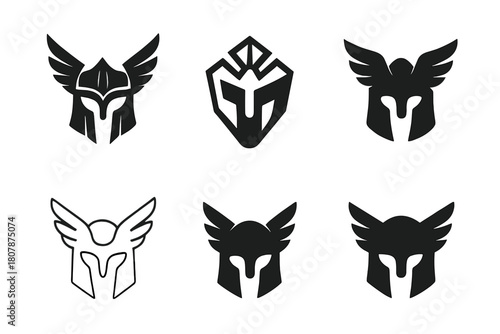Mythical Helmet Icons. Mythology stories. Icon set. Set Logo of mythology stories: winged helmet. harmonious logo variations of the same emblematic concept,