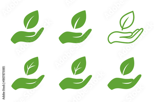 Eco Vibe Logos. Green label design with eco vibes trend. Icon set. Set Logo of green label design with eco vibes trend: leaf emblem. harmonious logo variations