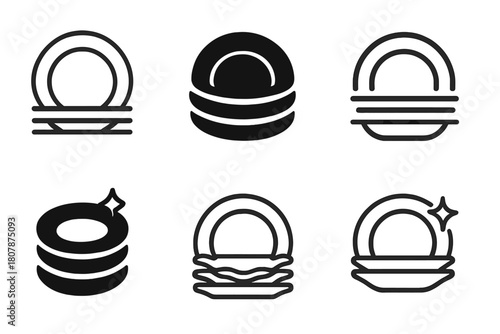 Stacked Plates Icons. Stacking clean plates. Icon set. Set Logo of stacking clean plates: tidy kitchen counter. harmonious logo variations of the