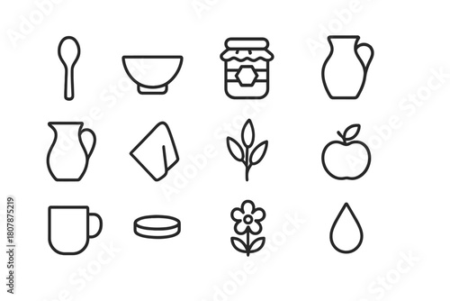 Rustic Kitchen Icons. Rustic kitchen. Line icon set of rustic kitchen: wooden spoon, rolling pin, bowl, whisk, cutting board, flour bag, dough ball, jar,