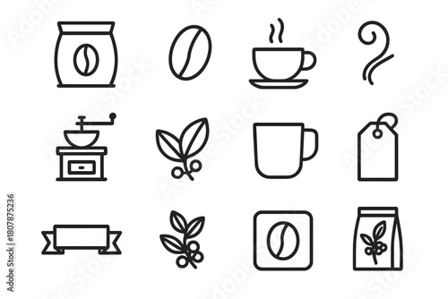Coffee Packaging Icons. Coffee packaging elements. Line icon set of coffee packaging elements: coffee bean, bag, label tag, ribbon, coffee cup, steam, grinder,