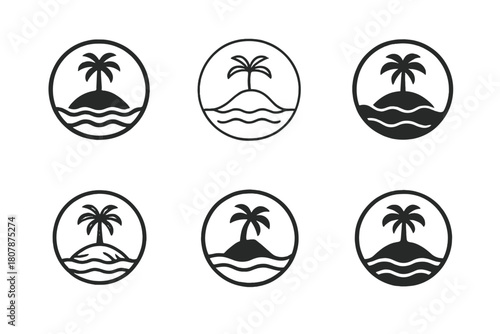 Island Logo Variations. Island. Icon set. Set Logo of Island: small island with sunset horizon. harmonious logo variations of the same emblematic concept, each