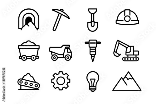 Mining Icons Set. Mining Operations. Line icon set of Mining Operations: tunnel, pickaxe, shovel, helmet, cart, truck, drill, excavator, conveyor belt, gear,