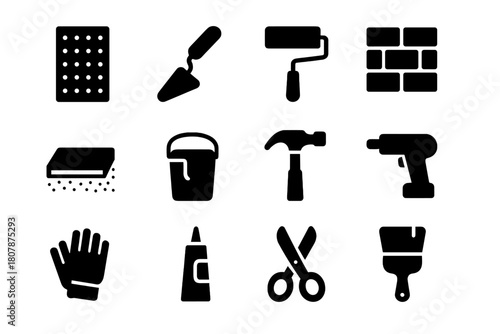 Foundation Protection Icons. Foundation protection. Solid icon set of foundation protection: membrane, trowel, roller, wall, floor, bucket, hammer, drill,