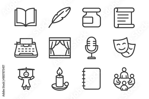 Storytelling Icon Set. Storytelling. Line icon set of storytelling: book, quill, ink bottle, scroll, typewriter, stage, microphone, theater mask, puppet,