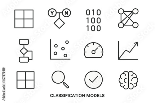Classification Model Icons. Classification models. Line icon set of classification models: category box, yes no icon, binary code, neural layer, algorithm box,