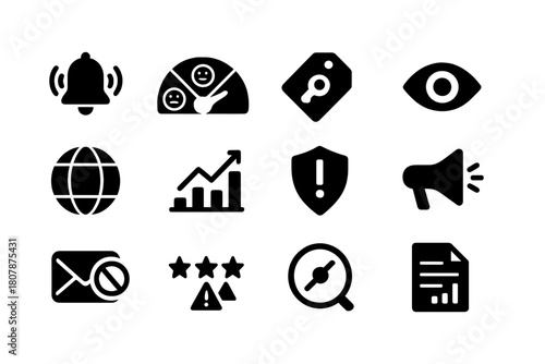 Reputation Monitoring Icons. Reputation Monitoring. Solid icon set of Reputation Monitoring: alert bell, sentiment meter, keyword tag, monitoring eye, globe