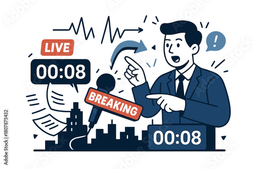 Dynamic News Broadcast. Breaking news live. Red strobe ?BREAKING? banner wraps the mic as papers cascade; the anchor points to a ticking countdown. Waveforms