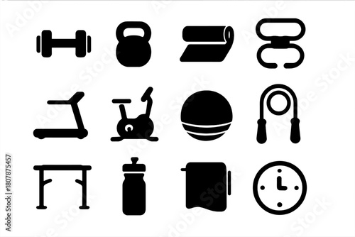 Home Workout Icons. Home workout motivation. Line icon set of home workout motivation: yoga mat, resistance band, dumbbell, kettlebell, foam roller, step