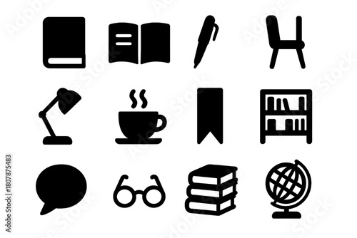 Reading Essentials Icons. Reading Group. Solid icon set of Reading Group: book, open notebook, pen, chair, lamp, coffee cup, bookmark, bookshelf, speech