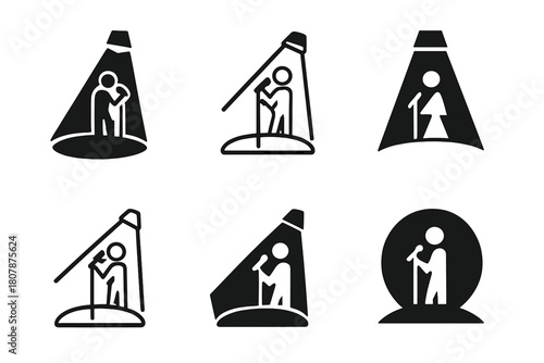 Singer Logo Variations. Singer in spotlight. Icon set. Set Logo of singer in spotlight: voice waves in light. harmonious logo variations of the same emblematic