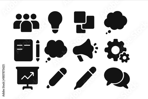 Collaborative Workshop Icons. Collaborative Workshop. Solid icon set of Collaborative Workshop: people collaboration, light bulb, sticky notes, idea cloud,