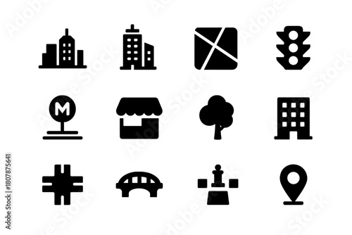 Urban Icon Collection. Urban development. Line icon set of Urban development: skyscraper, construction crane, blueprint, road, house, bridge, tree, traffic