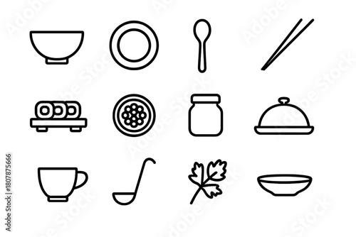 Serving Dishes Icons. Serving dishes. Line icon set of serving dishes: bowl, plate, spoon, chopsticks, sushi platter, caviar tin, small jar, tray, cup, ladle,