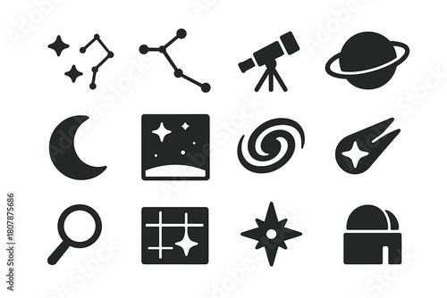Astronomy Icon Set. Astronomy and stars. Solid icon set of Astronomy and stars: telescope, star chart, observatory dome, night sky, celestial globe,
