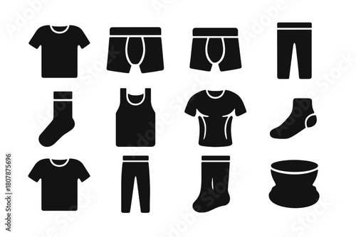 Seamless Menswear Icons. Seamless Menswear. Solid icon set of Seamless Menswear: base layer tee, boxer brief, trunks, long johns, crew socks, tank vest,
