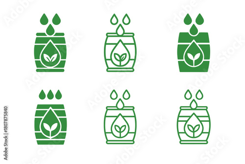 Eco-friendly Irrigation Logos. Eco-friendly irrigation. Icon set. Set Logo of eco-friendly irrigation: rainwater collection barrel system. harmonious logo