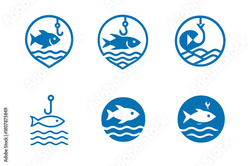 Sustainable Fishing Icons. Sustainable fishing. Icon set. Set Logo of sustainable fishing: reef protection icon. harmonious logo variations of the same