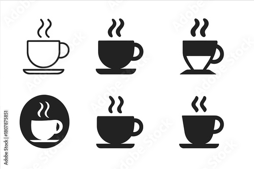 Teacup Icon Set. Preparing a warm drink. Icon set. Set Logo of Teacup: Steam rising from cup. Minimal outline, Filled silhouette, Abstract geometric, Negative