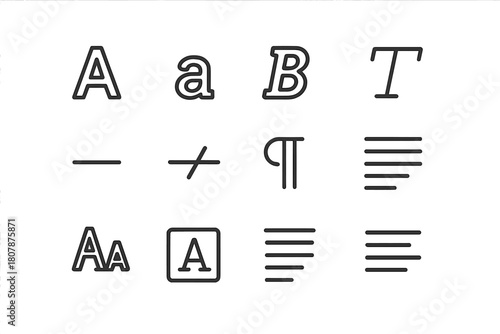 Typography Icon Set. Typography design. Line icon set of Typography design: uppercase letter, lowercase letter, bold text, italic text, underline,