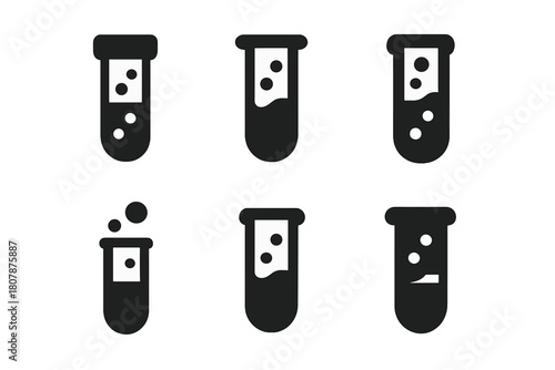 Chemical Test Tube Icons. Chemical composition. Icon set. Set Logo of Test Tubes: Sample vials. Symmetrical form, Stylized detail, Negative space, Minimal
