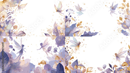 Dreamy watercolor illustration of fairies dancing among soft purple and gold flowers, creating a magical floral frame. Ideal for fantasy designs, invitations, and whimsical decorative themes.