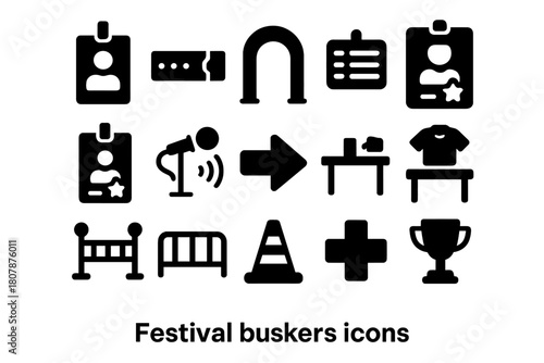 Festival Line Icons. Festival Atmosphere. Line icon set of Festival Atmosphere: tent, lantern, flag string, bonfire, food stall, people crowd, drum, guitar,