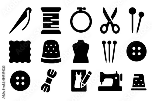 Handmade Crafts Icons. Handmade Crafts. Solid icon set of Handmade Crafts: needle, thread spool, embroidery hoop, scissors, fabric, thimble, pattern template,