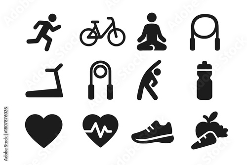 Active Lifestyle Icons. Active Lifestyle. Solid icon set of Active Lifestyle: running person, bicycle, yoga pose, dumbbell, treadmill, jump rope, stretching,