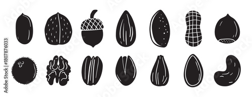 nuts silhouettes set. doodle hand drawn nuts design. black color