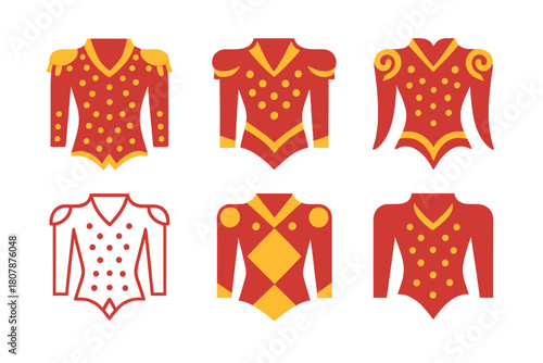 Circus Costume Logos. Circus costumes. Icon set. Set Logo of circus costumes: ringmaster uniform. harmonious logo variations of the same emblematic concept,