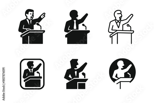 Courtroom Objection Icons. Lawyer Making Objections. Icon set. Set Logo of Courtroom Objection: lawyer at podium speaking. harmonious logo variations of the
