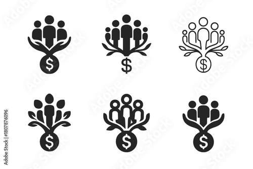 Family Budgeting Icons. Family budgeting. Icon set. Set Logo of family budgeting: family hand holding money sprout. harmonious logo variations of the same