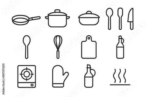 Essential Cookware Icons. Cookware essentials. Line icon set of cookware essentials: frying pan, pot, lid, spatula, spoon, whisk, cutting board, knife, stove,