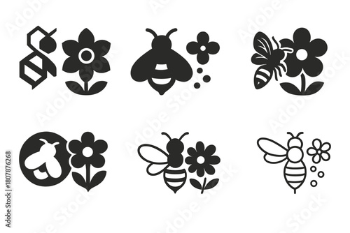 Pollination Logo Variations. The role of bees in pollination. Icon set. Set Logo of pollination: flower bloom cycle. harmonious logo variations of the same