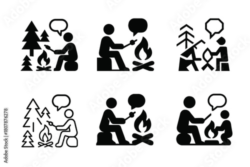 Campfire Story Logos. A person sitting by a campfire in the woods, roasting marshmallows and telling stories. Icon set. Set Logo of A person sitting by a