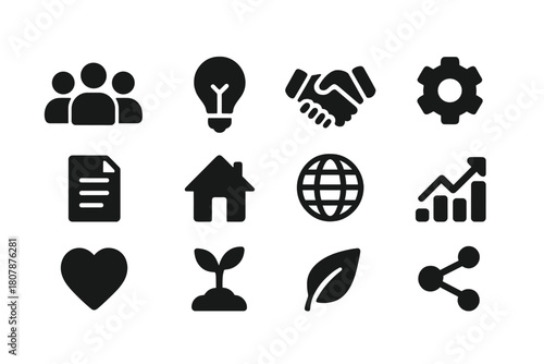 Community Innovation Icons. Community innovation. Solid icon set of community innovation: people group, lightbulb, handshake, gear, document, house, globe,