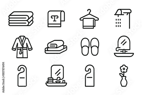 Hotel Towel Icons. Hotel towels. Line icon set of hotel towels: folded towel stack, embroidered logo, hanger, bathrobe, soap bar, slippers, vanity tray, sink,