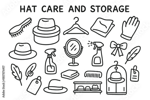 Hat Care Essentials. Hat care and storage. Hand-drawn doodle illustration Hat care and storage hat brush, box, hanger, tissue paper, glove, spray bottle,