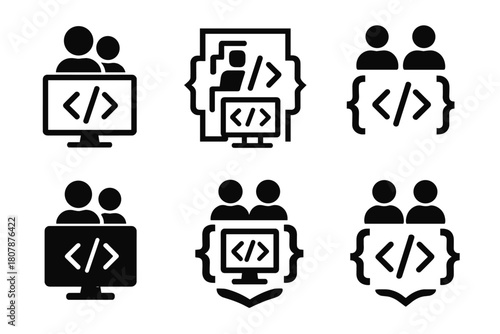 Coding Platform Logo Variations. Online coding platform interface. Icon set. Set Logo of online coding platform interface: layered symbols representing coding