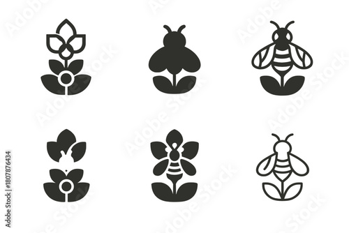 Pollination Logo Variations. The role of bees in pollination. Icon set. Set Logo of pollination: flower bloom cycle. harmonious logo variations of the same