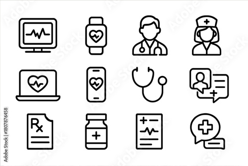 Digital Medical Tools. Digital patient monitoring. Line icon set of digital patient monitoring: heart monitor, wearable device, doctor, nurse,