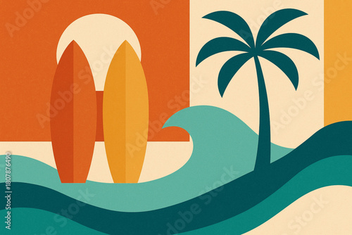 Stylized abstract beach scene featuring upright surfboards, palm trees, and geometric waves. Warm tones and bold shapes make it ideal for summer-themed merchandise, branding, and creative design.