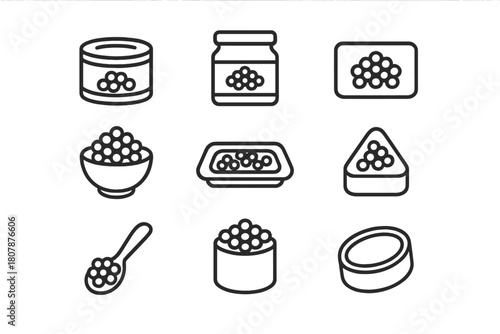 Roe Packaging Icons. Roe packaging. Line icon set of roe packaging: tin, jar, label, bowl, tray, salmon roe, tobiko, ikura, masago, caviar, spoon, lid. All